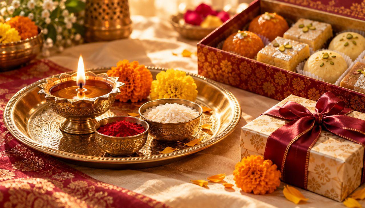 A brass Bhai Dooj thali with a lit diya, roli and rice beside a box of mithai and a gift tied with a maroon ribbon