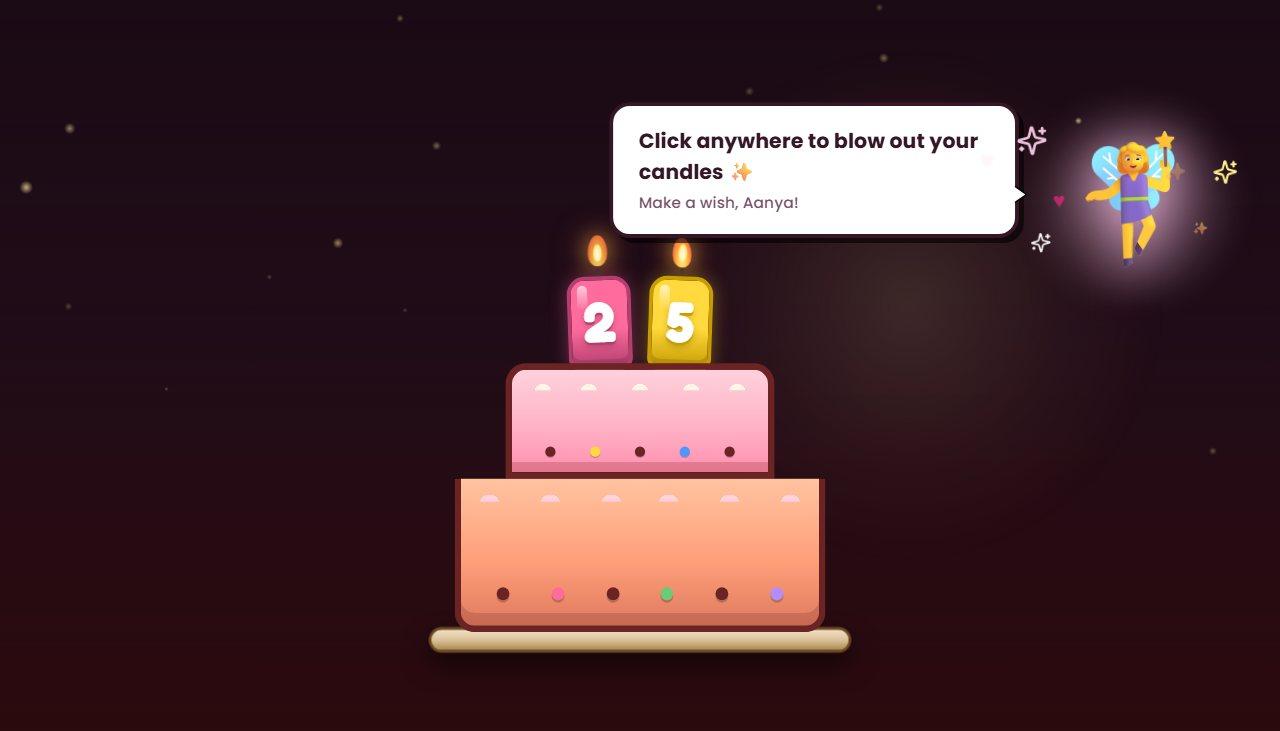 A fairy beside a birthday cake with number candles on a red-curtain stage, the Birthday Fairy gift on GiftFeels