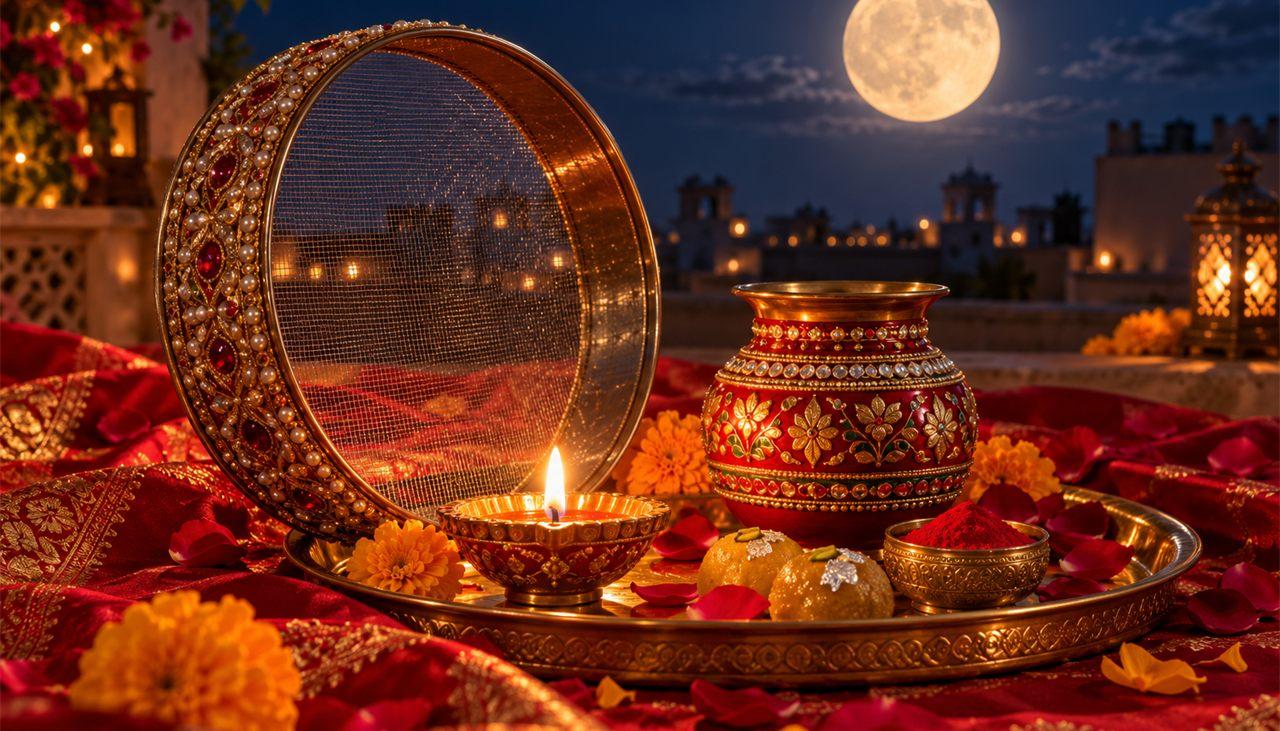 A jewelled chalni sieve, a painted karwa pot, a lit diya and laddoos on a brass thali under a full moon over rooftops, a digital Karwa Chauth gift on GiftFeels