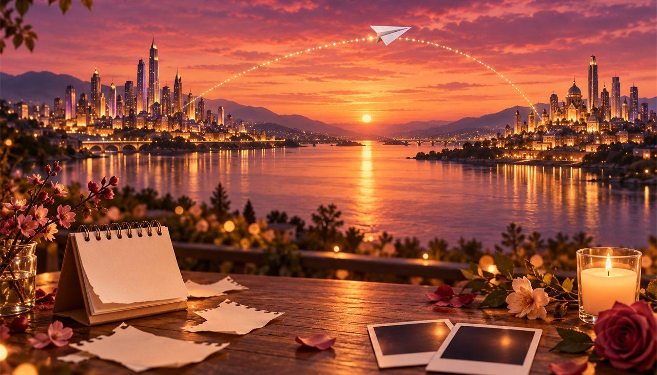 Countdown to Reunion gift: two city skylines, a paper plane on a dotted route and a tear-off calendar