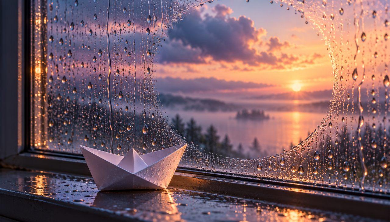 A rainy city evening seen through a fogged window with a small cloud over a paper boat, the I'm Sorry note on GiftFeels