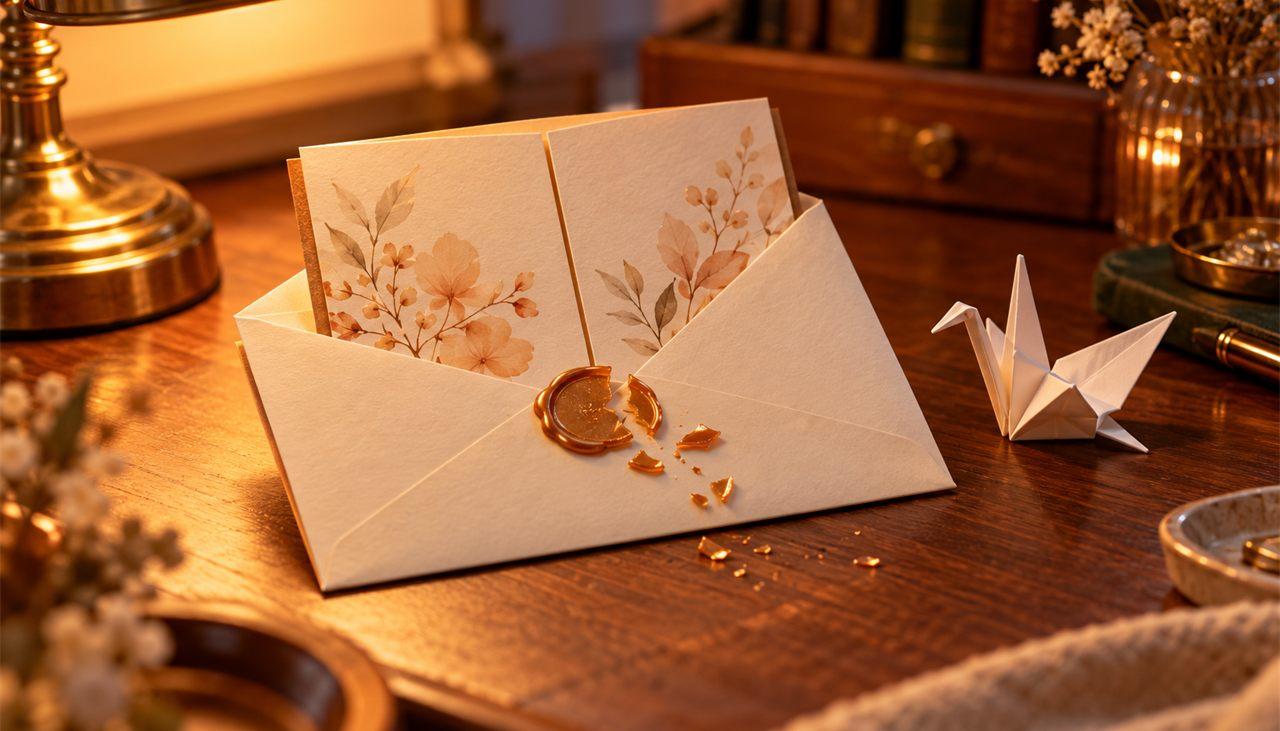 A cream envelope with a red wax seal on a lamplit desk, the Thank You note on GiftFeels
