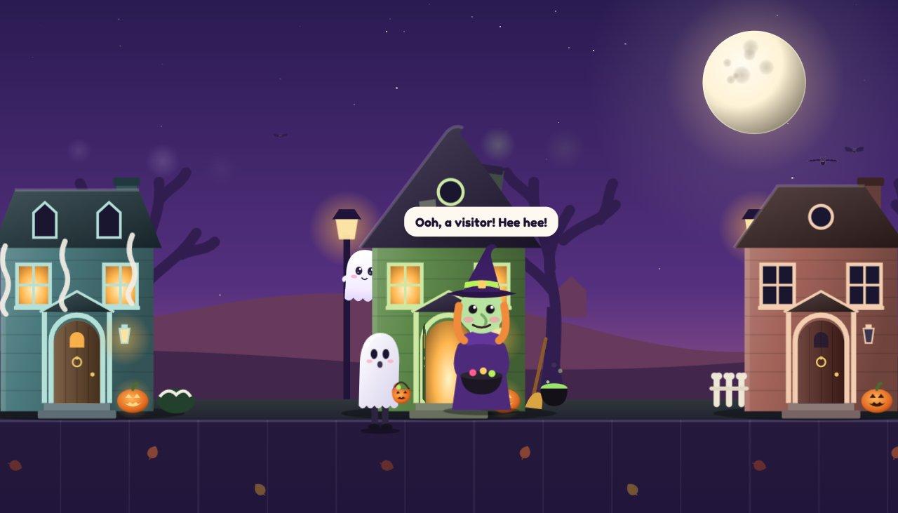 A trick-or-treater in a ghost costume at a witch's door on Trick-or-Treat Street, a Halloween gift game on GiftFeels